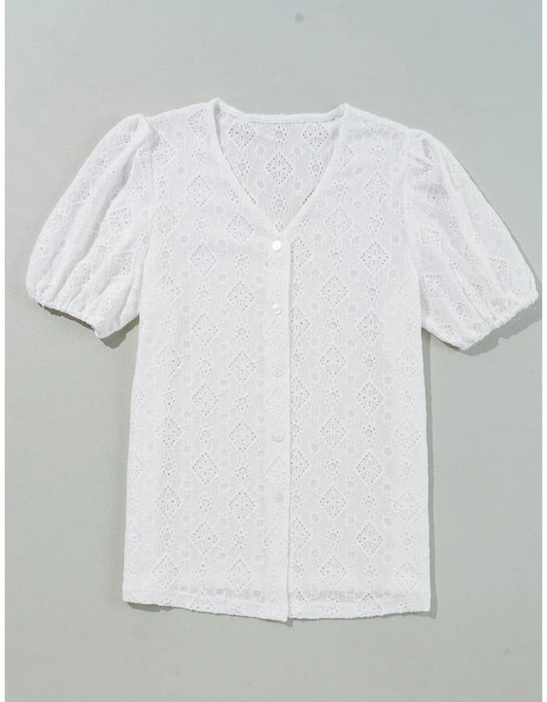 White Lace Puff Sleeve V Neck Button Up Shirt