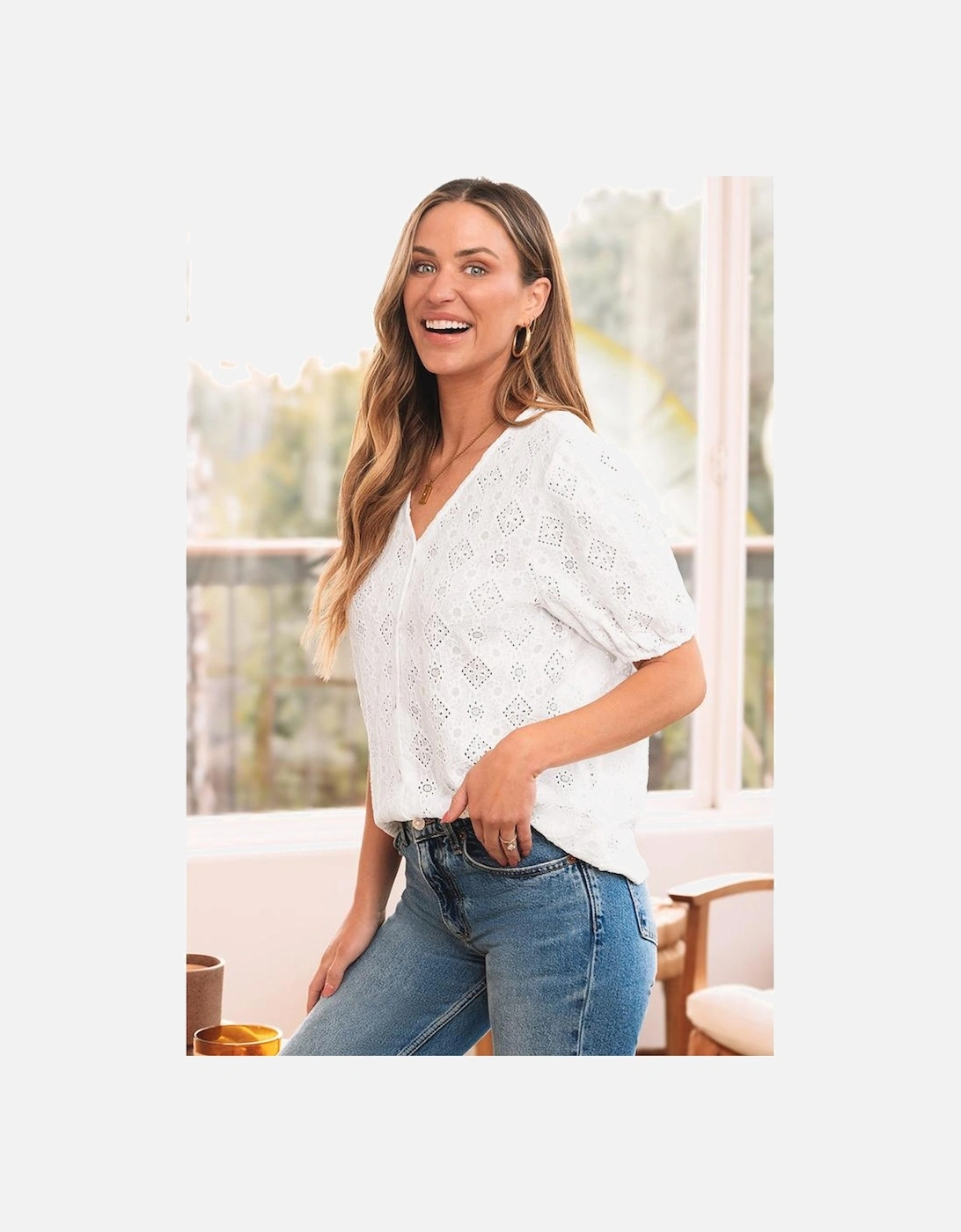 White Lace Puff Sleeve V Neck Button Up Shirt