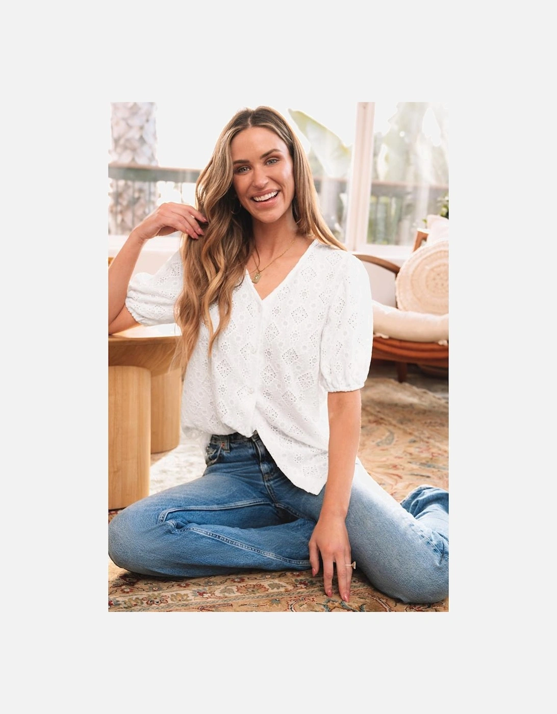 White Lace Puff Sleeve V Neck Button Up Shirt