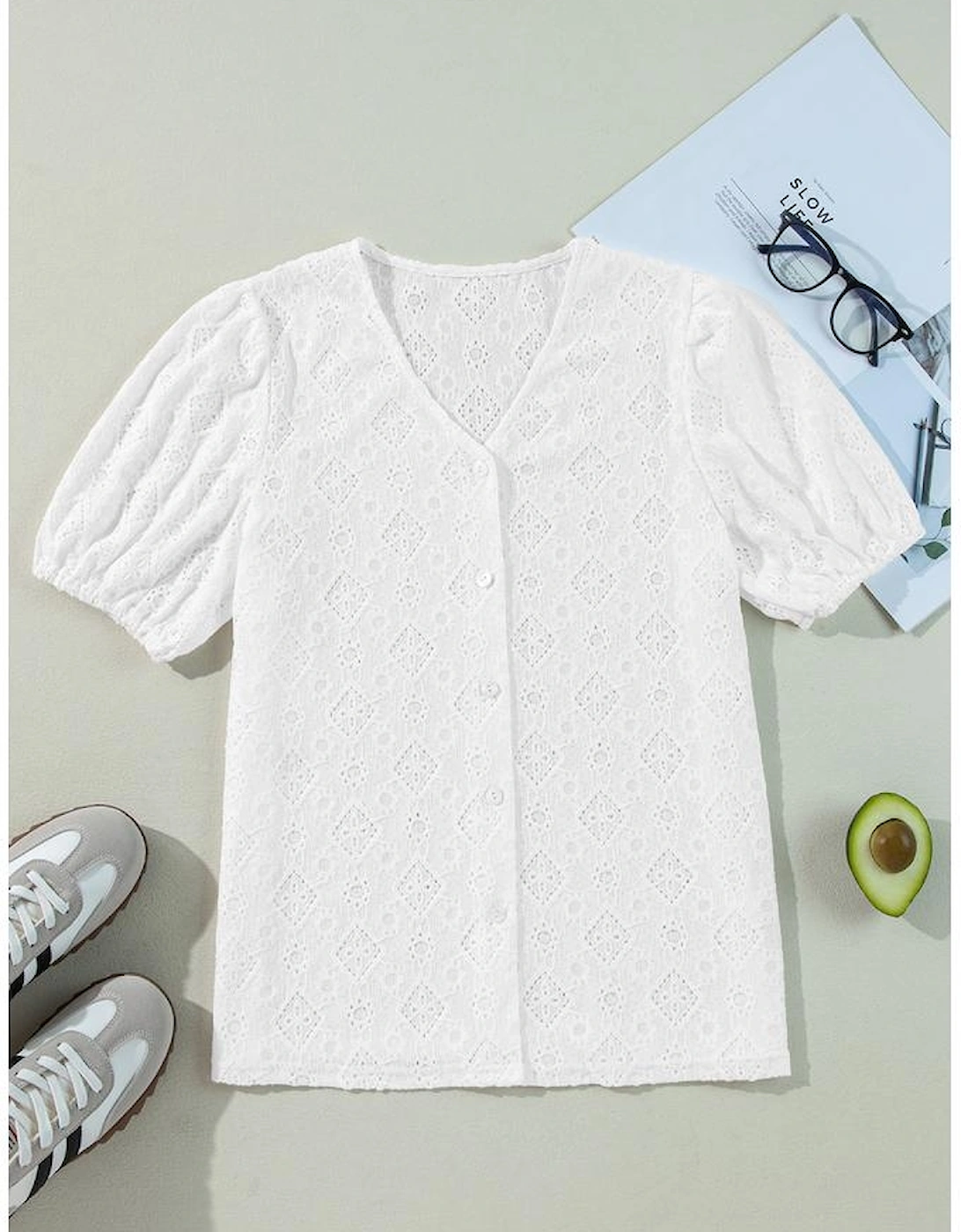 White Lace Puff Sleeve V Neck Button Up Shirt