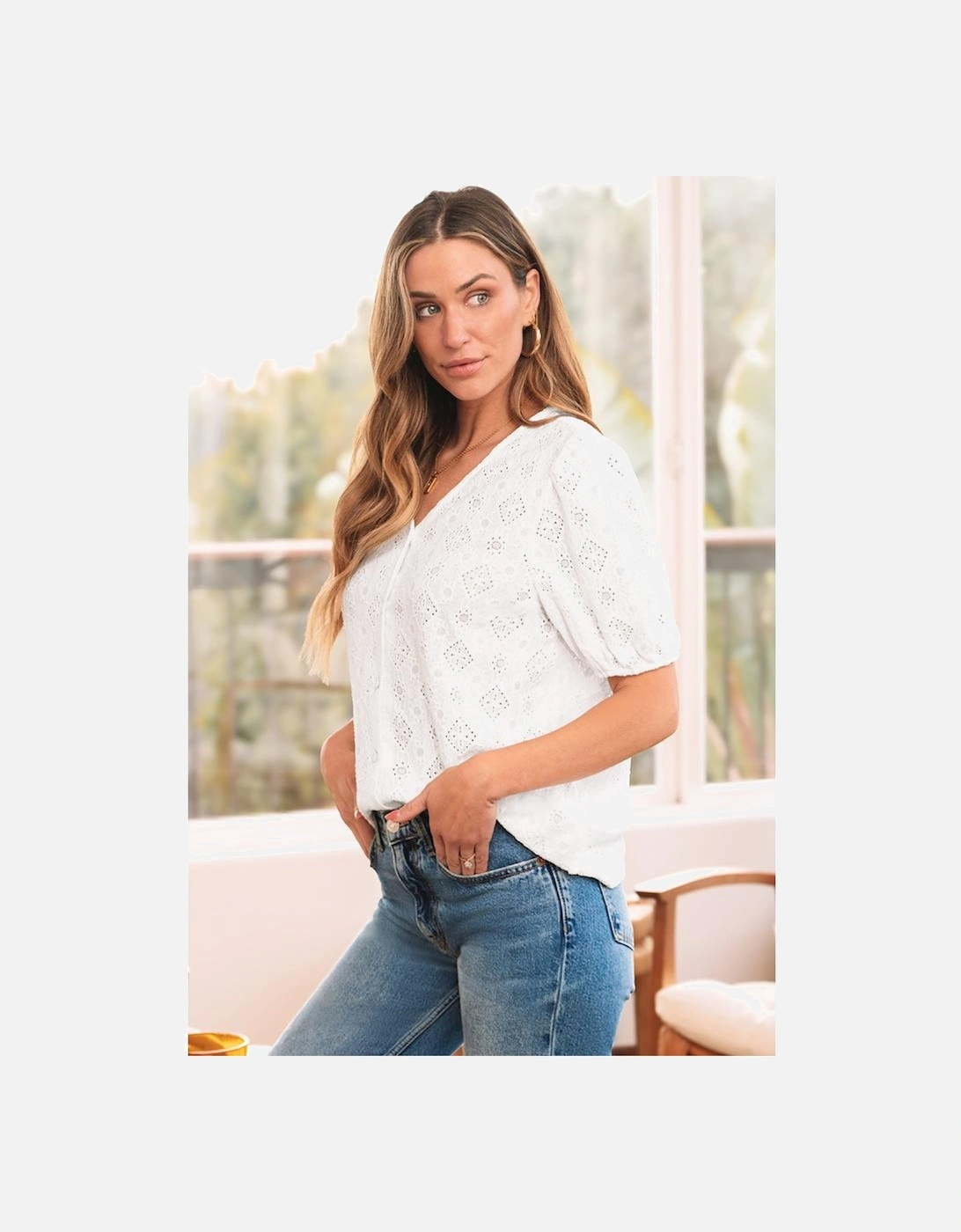 White Lace Puff Sleeve V Neck Button Up Shirt