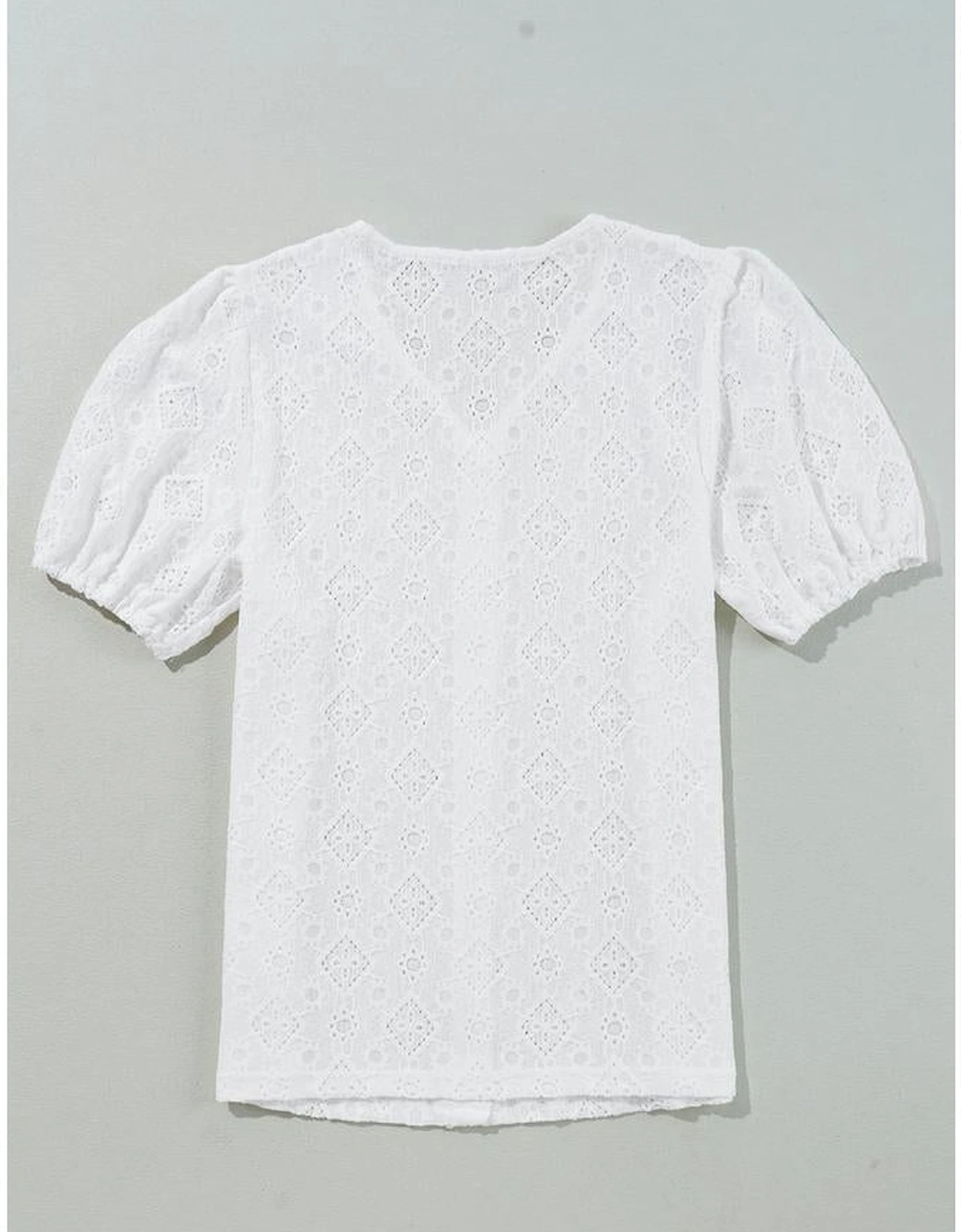 White Lace Puff Sleeve V Neck Button Up Shirt