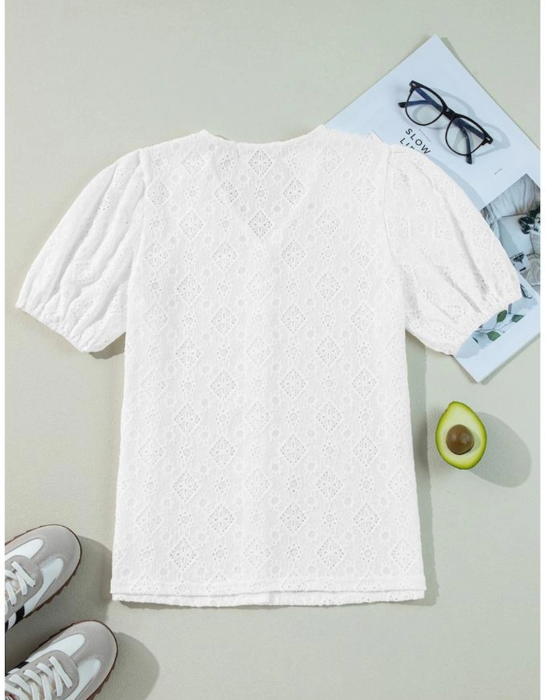 White Lace Puff Sleeve V Neck Button Up Shirt