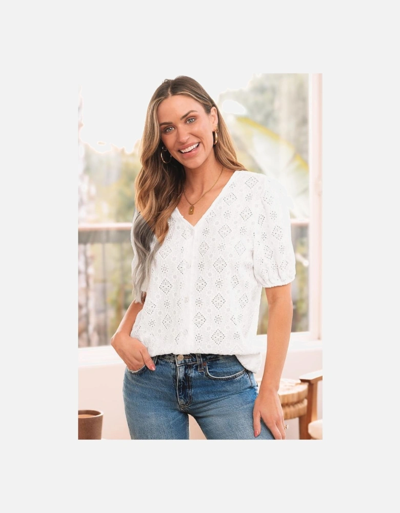 White Lace Puff Sleeve V Neck Button Up Shirt