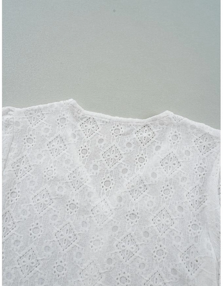 White Lace Puff Sleeve V Neck Button Up Shirt