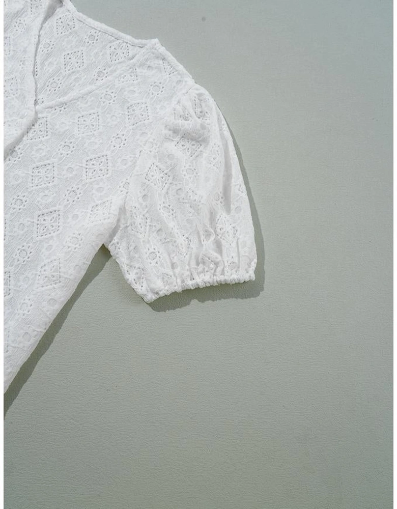 White Lace Puff Sleeve V Neck Button Up Shirt