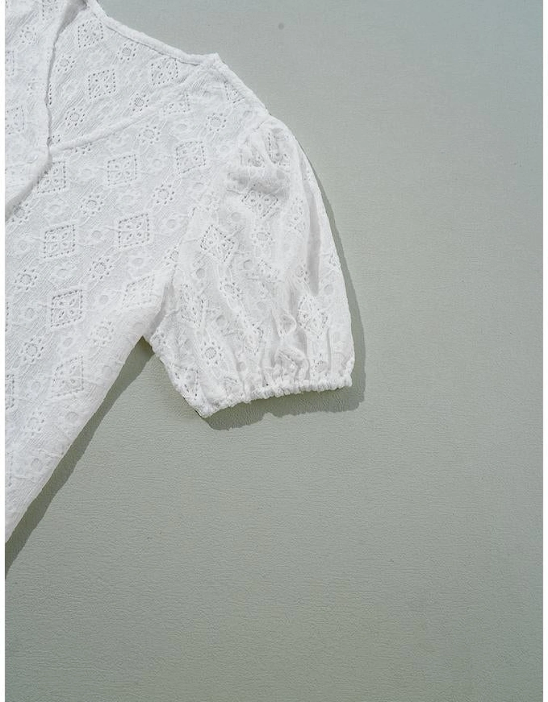 White Lace Puff Sleeve V Neck Button Up Shirt