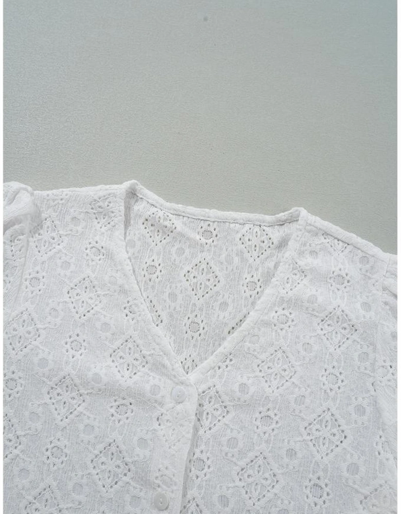 White Lace Puff Sleeve V Neck Button Up Shirt