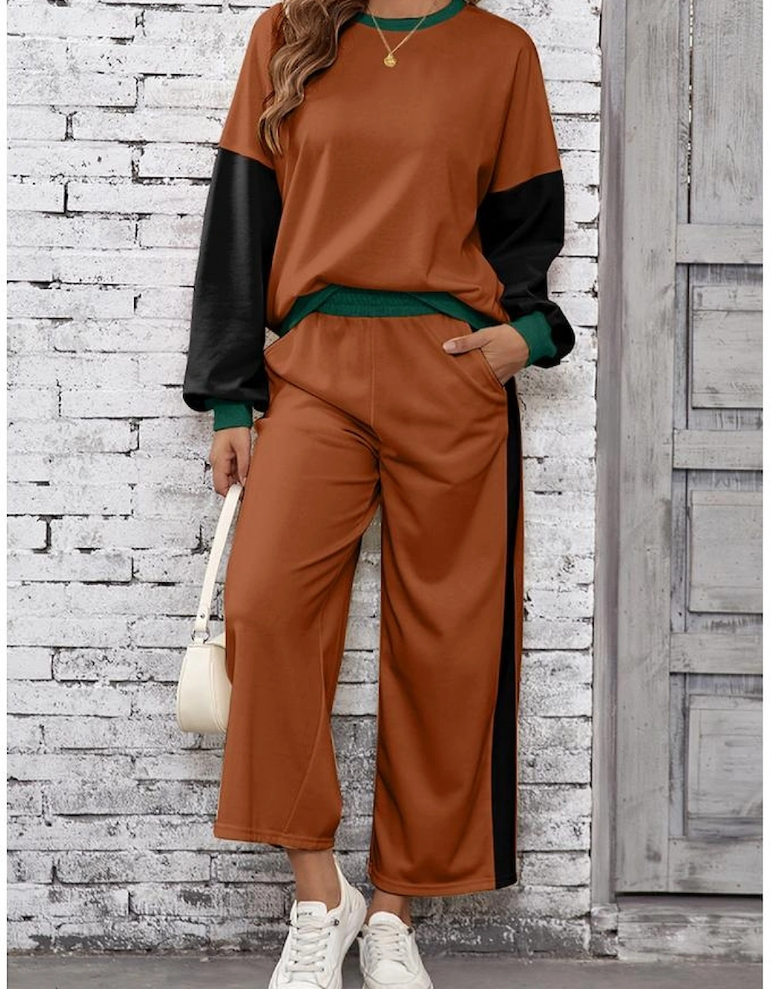 Chestnut 2pcs Color Block Pullover Loose Pant Set