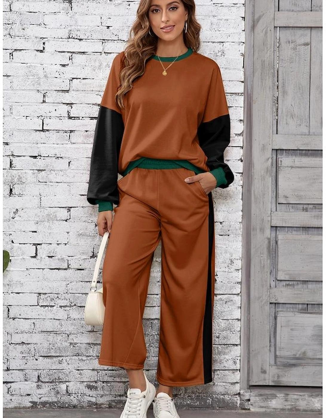 Chestnut 2pcs Color Block Pullover Loose Pant Set