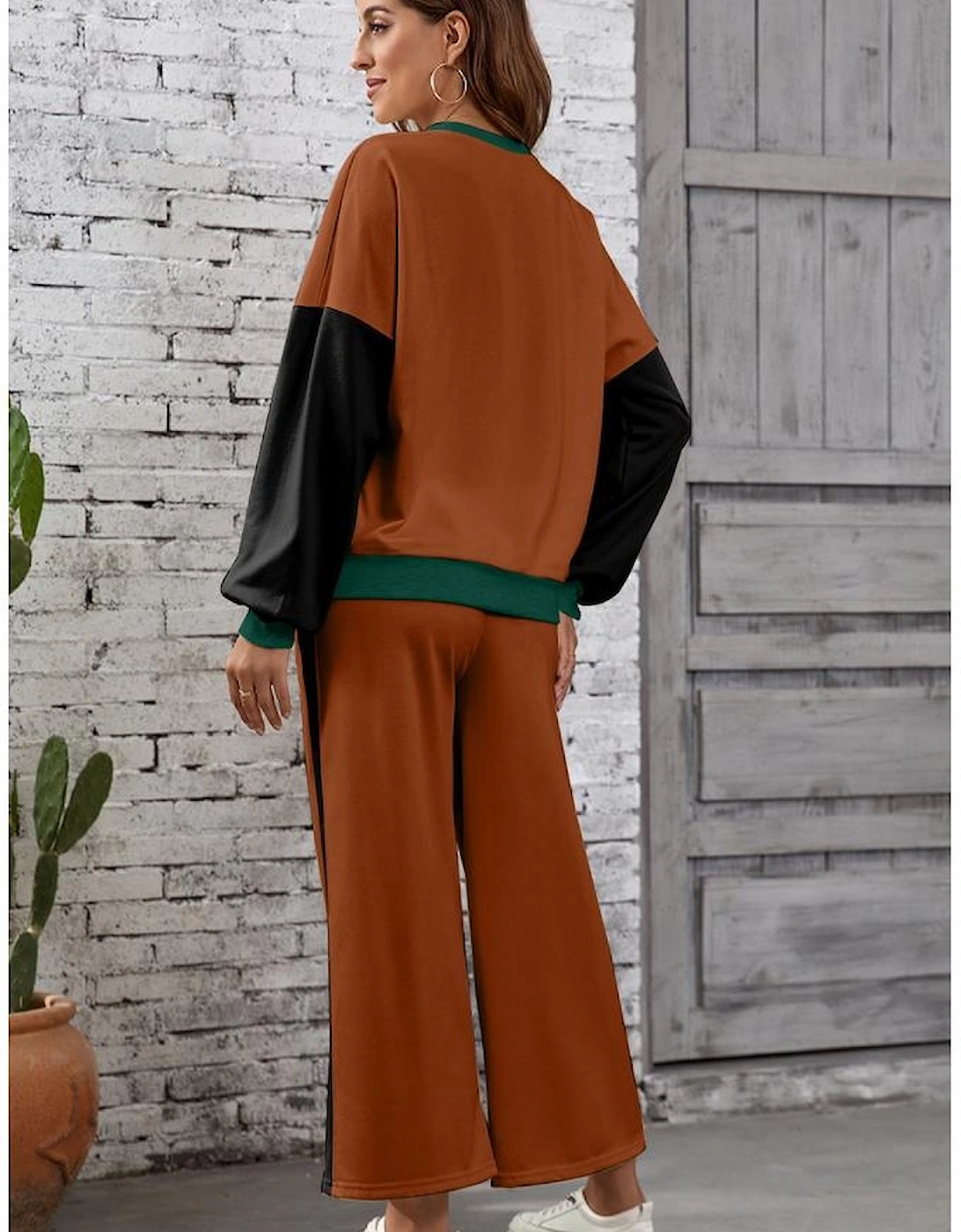 Chestnut 2pcs Color Block Pullover Loose Pant Set, 5 of 4