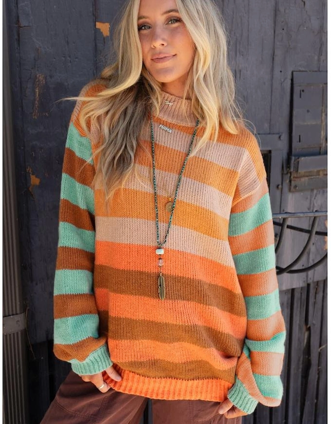 Orange Stripe Color Block High Neck Drop Shoulder Cozy Sweater