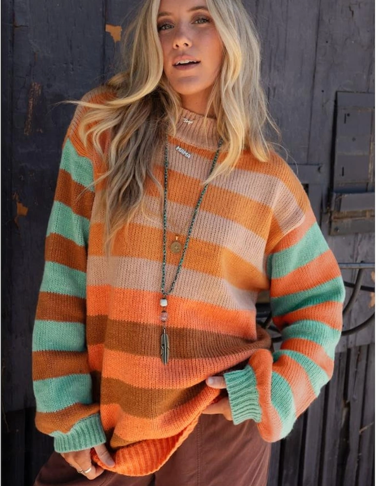 Orange Stripe Color Block High Neck Drop Shoulder Cozy Sweater