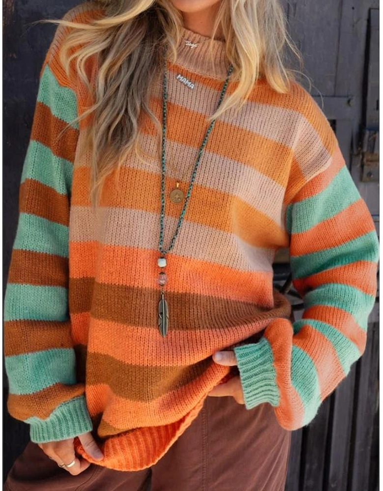 Orange Stripe Color Block High Neck Drop Shoulder Cozy Sweater
