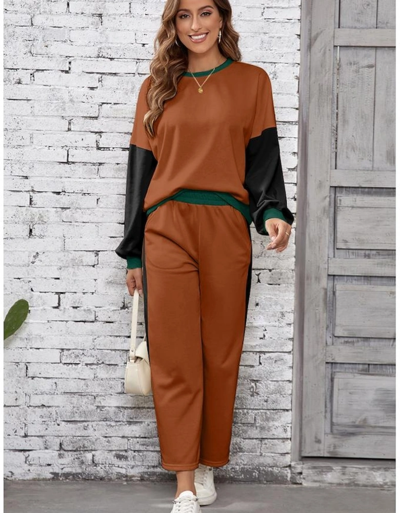 Chestnut 2pcs Color Block Pullover Loose Pant Set