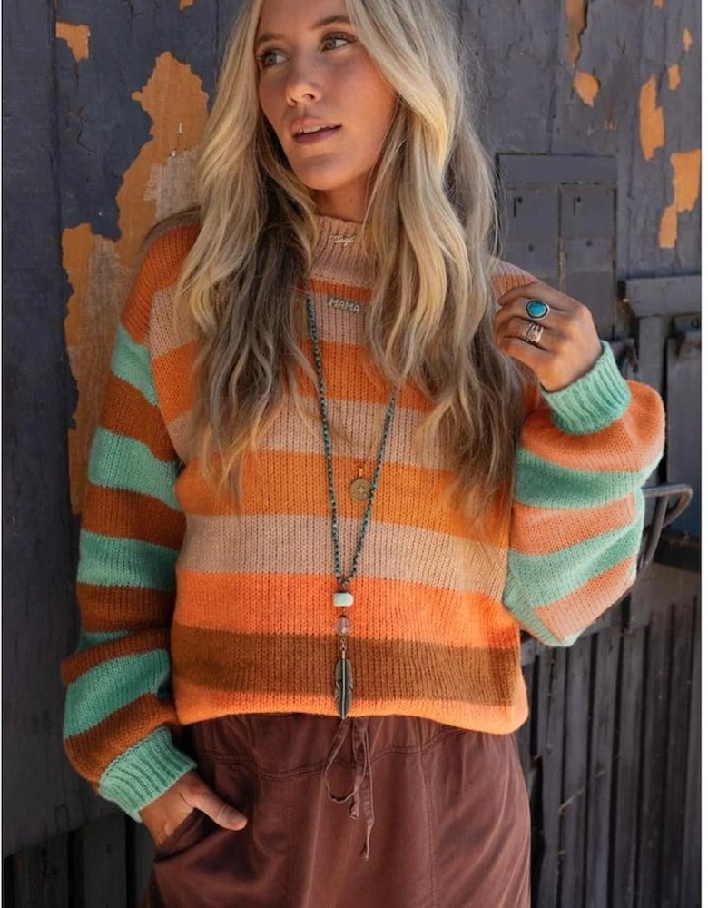 Orange Stripe Color Block High Neck Drop Shoulder Cozy Sweater