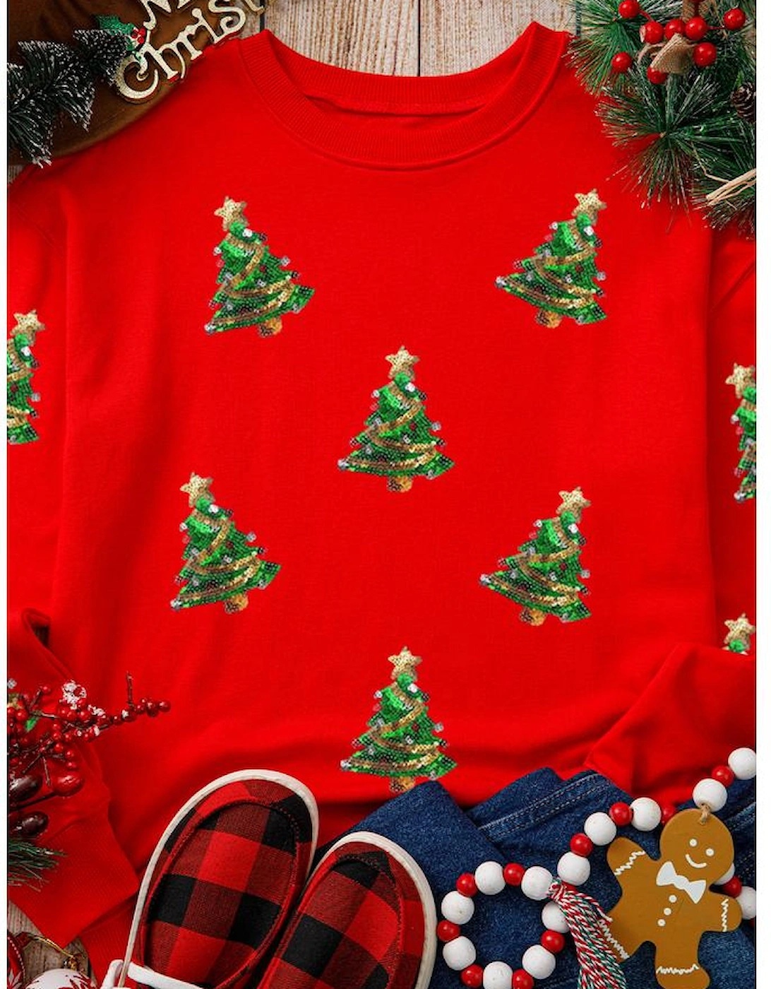 Red Sequin Christmas Tree Graphic Drop Shoulder Sweatshirt, 11 of 10