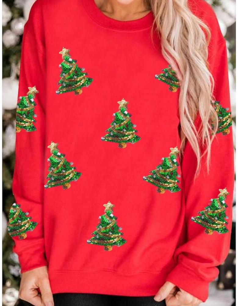 Red Sequin Christmas Tree Graphic Drop Shoulder Sweatshirt