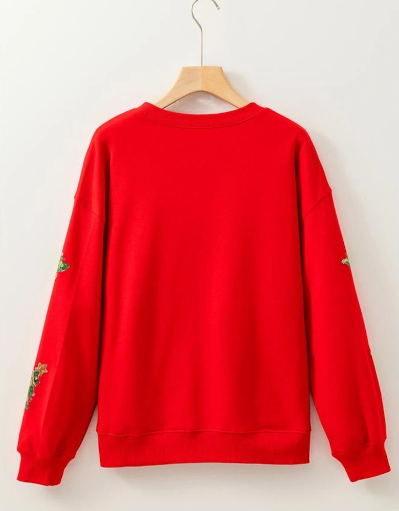 Red Sequin Christmas Tree Graphic Drop Shoulder Sweatshirt