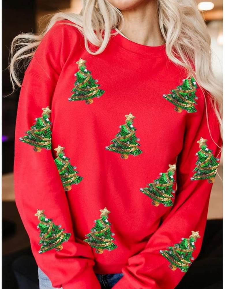 Red Sequin Christmas Tree Graphic Drop Shoulder Sweatshirt