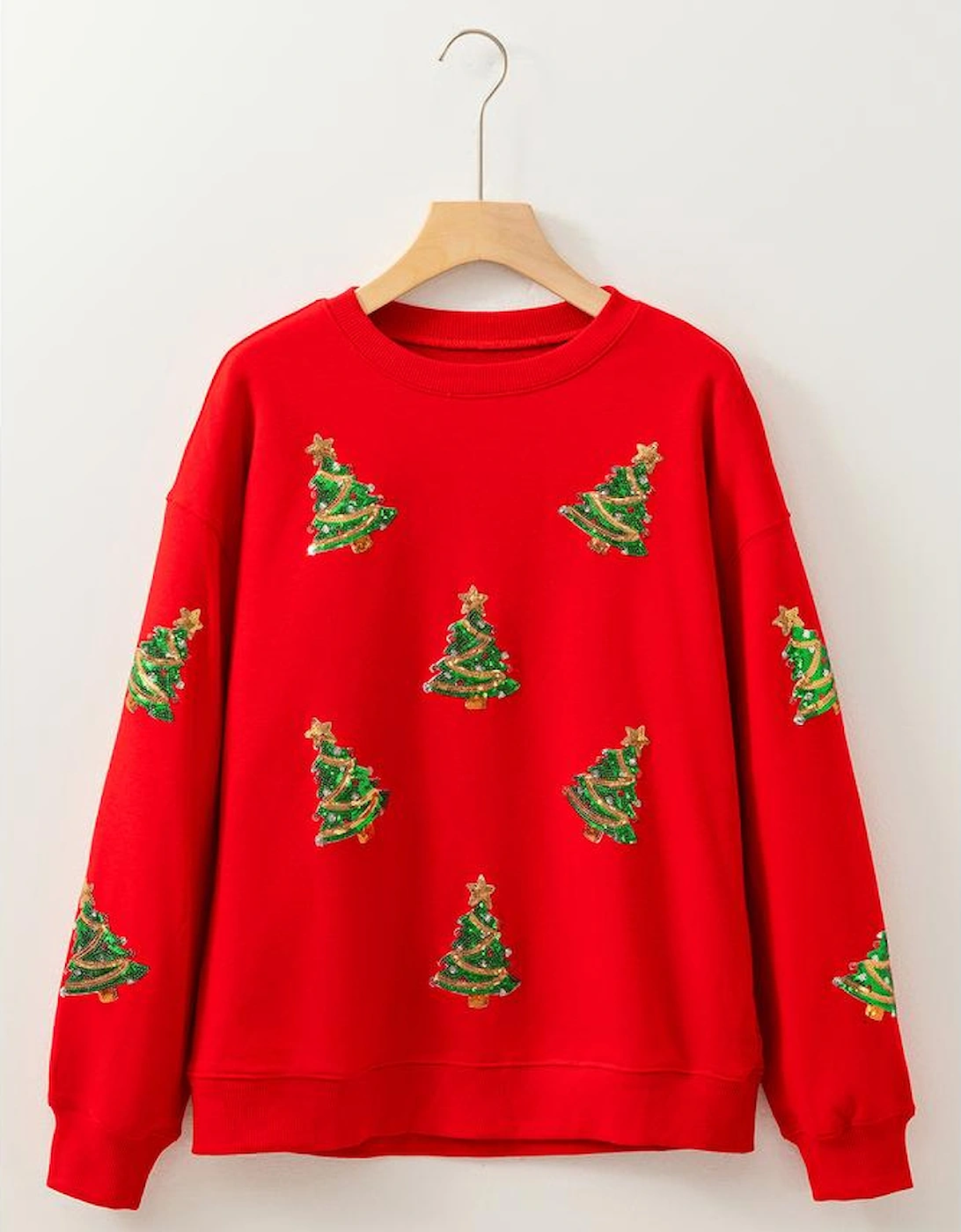 Red Sequin Christmas Tree Graphic Drop Shoulder Sweatshirt