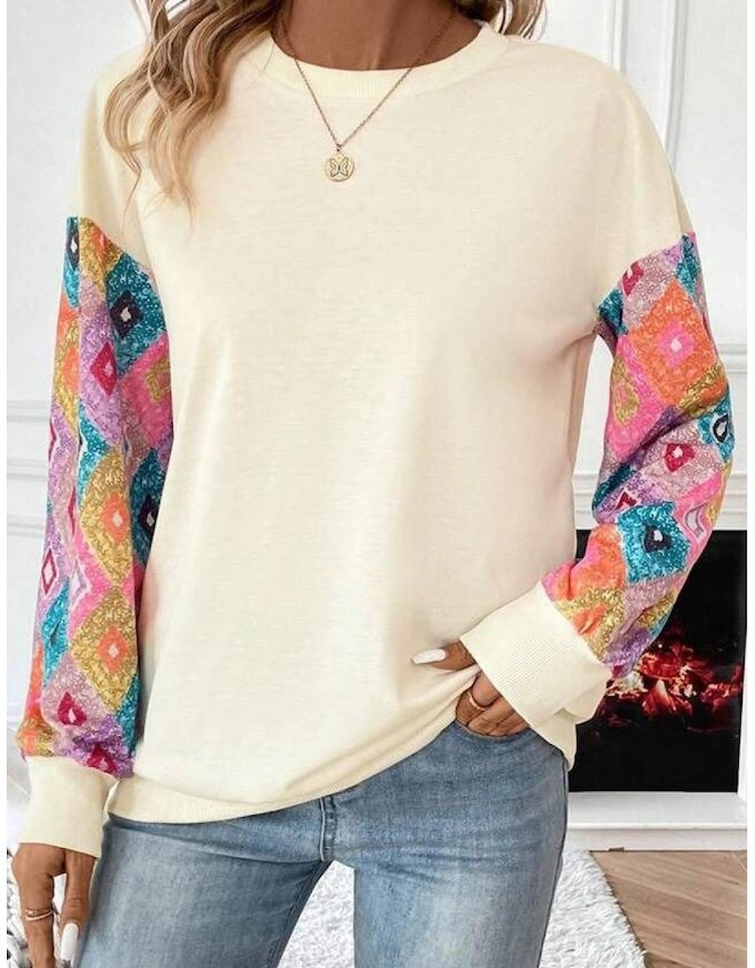 Apricot Geometric Printed Patchwork Long Sleeve Round Neck Top