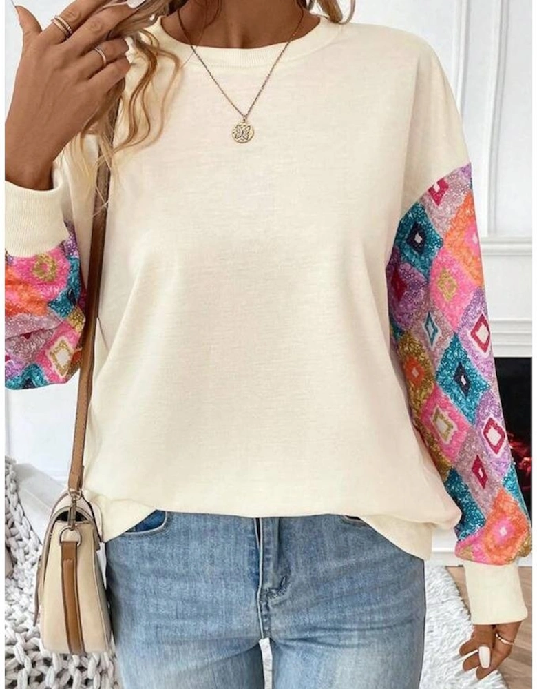 Apricot Geometric Printed Patchwork Long Sleeve Round Neck Top