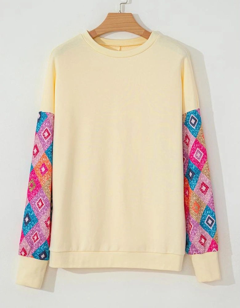Apricot Geometric Printed Patchwork Long Sleeve Round Neck Top