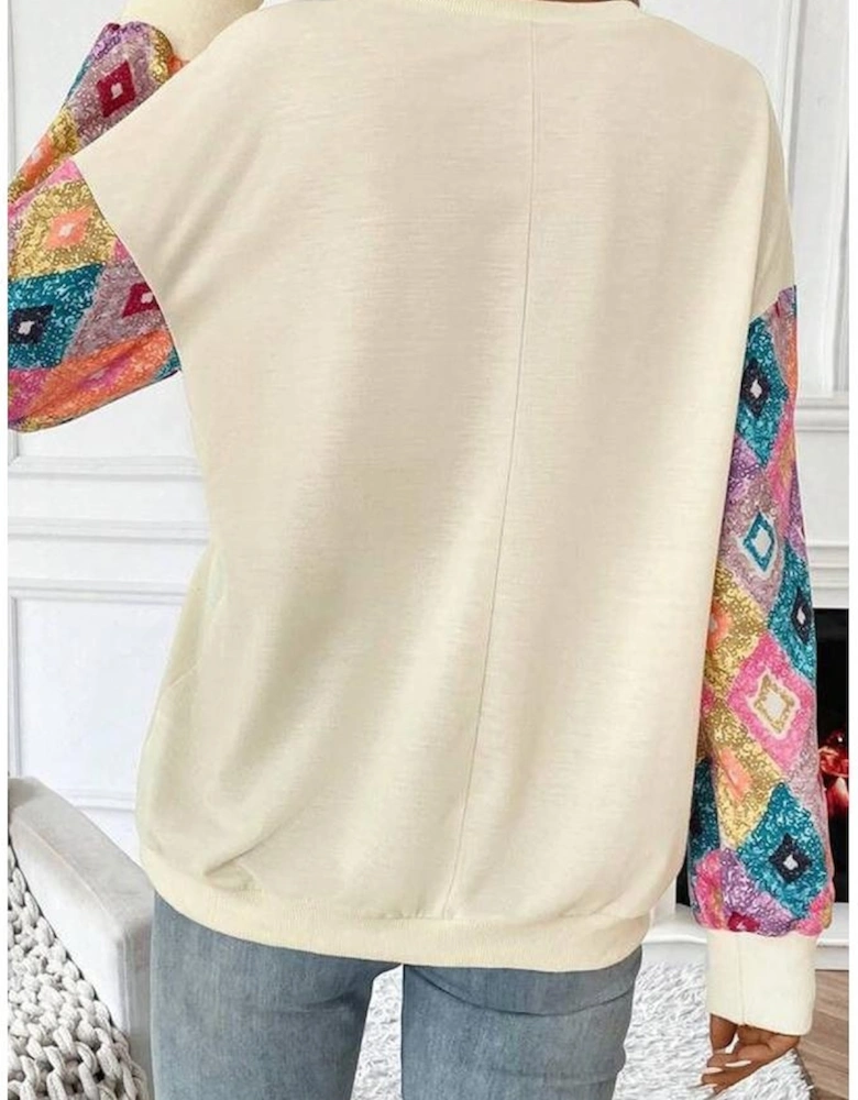 Apricot Geometric Printed Patchwork Long Sleeve Round Neck Top