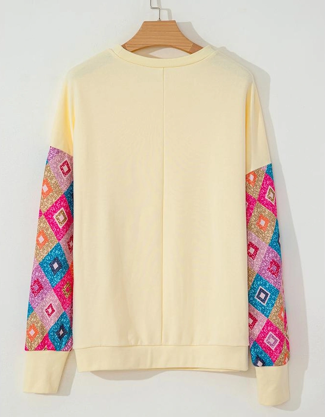 Apricot Geometric Printed Patchwork Long Sleeve Round Neck Top