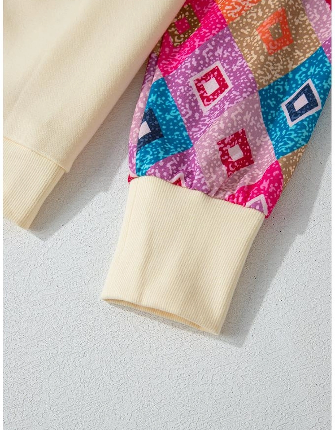 Apricot Geometric Printed Patchwork Long Sleeve Round Neck Top