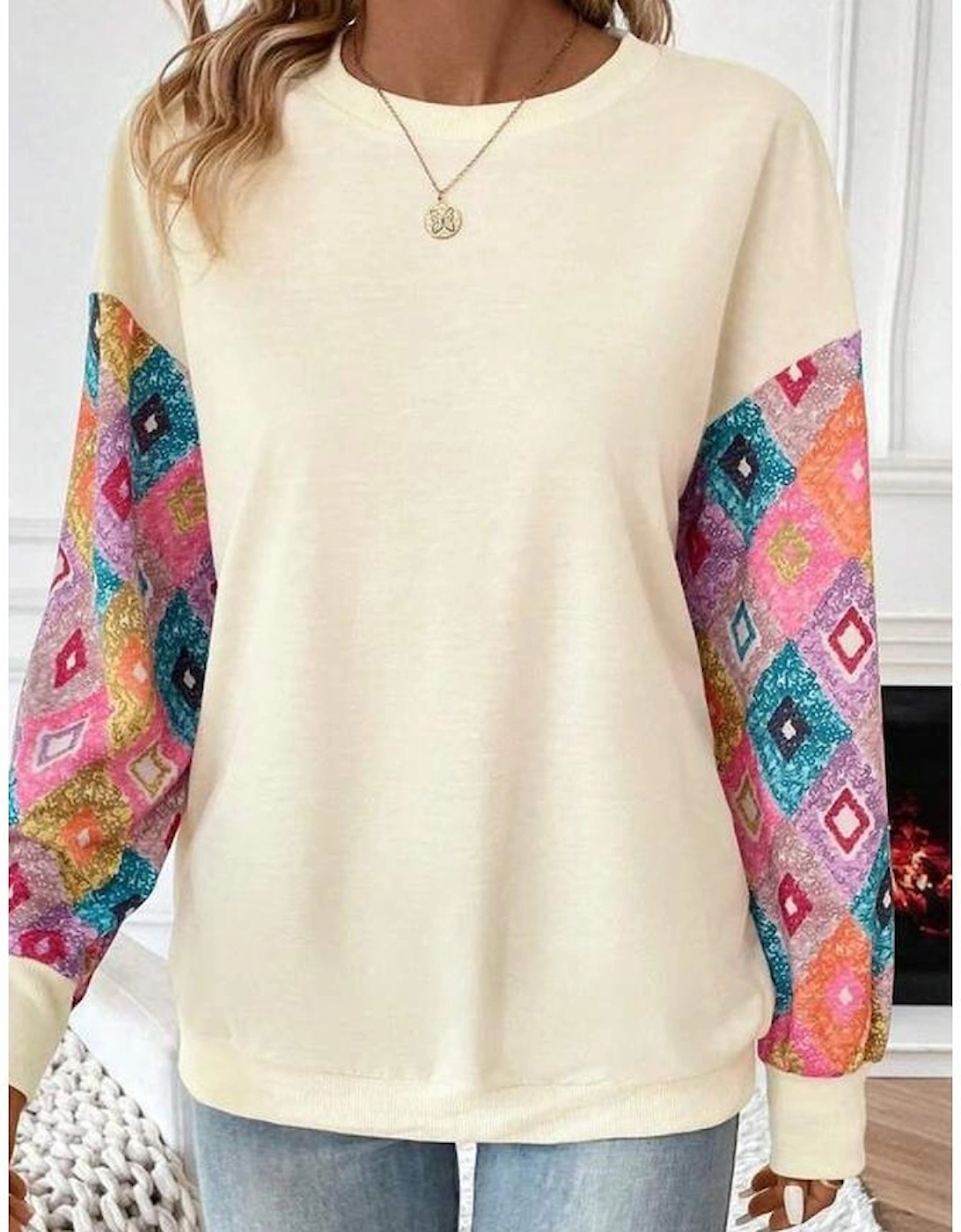 Apricot Geometric Printed Patchwork Long Sleeve Round Neck Top