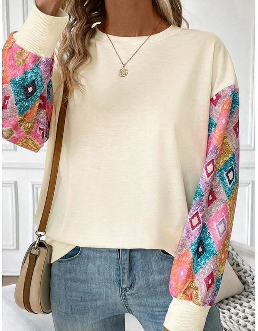 Apricot Geometric Printed Patchwork Long Sleeve Round Neck Top