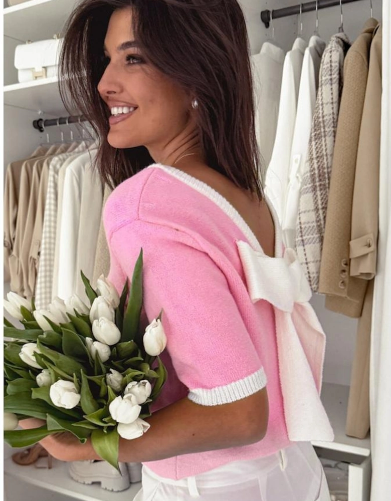 Bonbon Colorblock Bow V-Shape Cut Back Short Sleeve Sweater