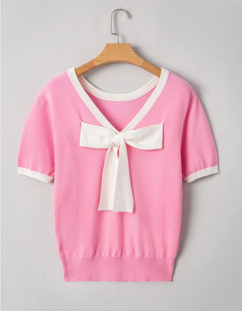 Bonbon Colorblock Bow V-Shape Cut Back Short Sleeve Sweater