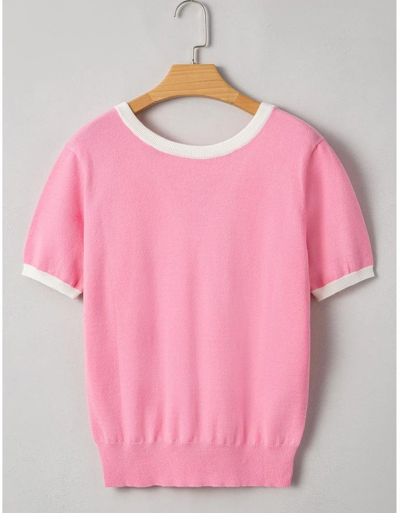 Bonbon Colorblock Bow V-Shape Cut Back Short Sleeve Sweater