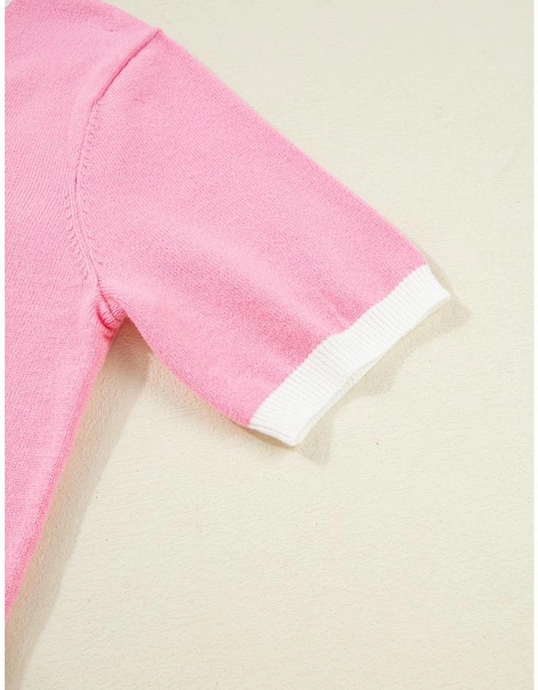 Bonbon Colorblock Bow V-Shape Cut Back Short Sleeve Sweater