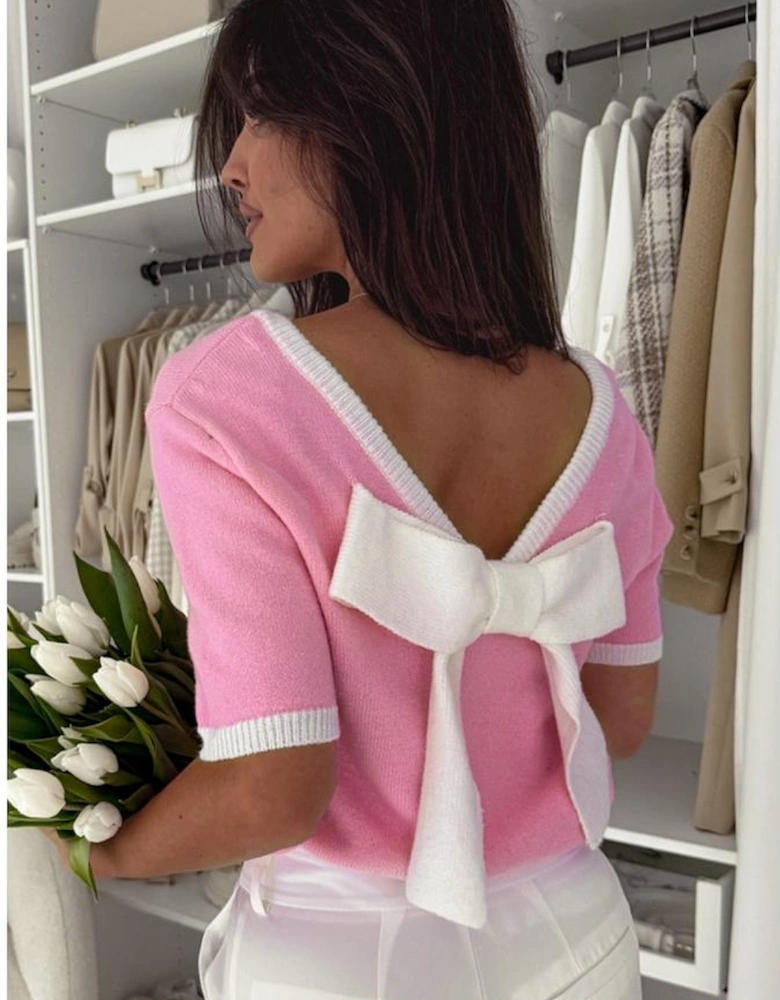 Bonbon Colorblock Bow V-Shape Cut Back Short Sleeve Sweater