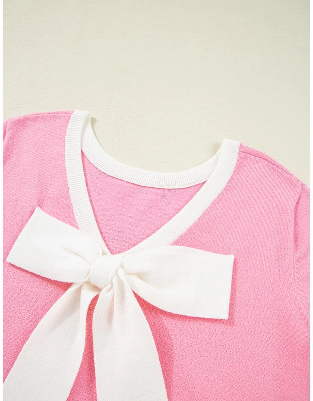 Bonbon Colorblock Bow V-Shape Cut Back Short Sleeve Sweater