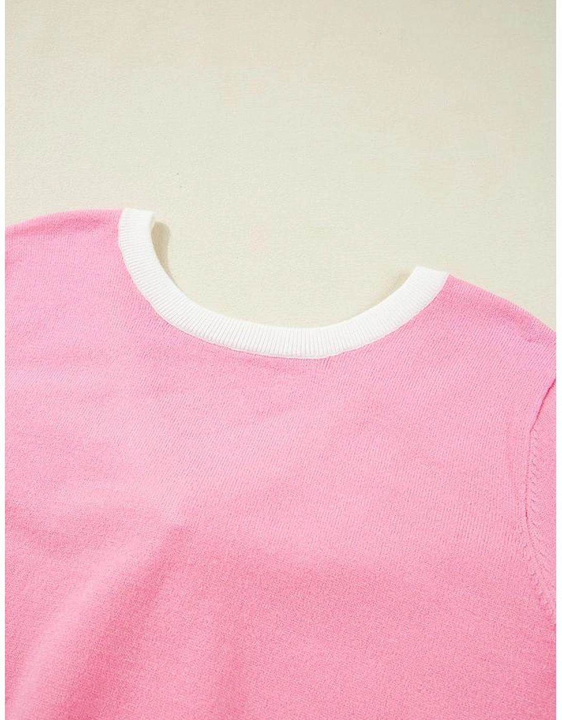 Bonbon Colorblock Bow V-Shape Cut Back Short Sleeve Sweater