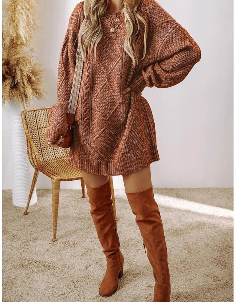 Coffee Cable Knit Drop Shoulder Loose Fit Sweater Dress