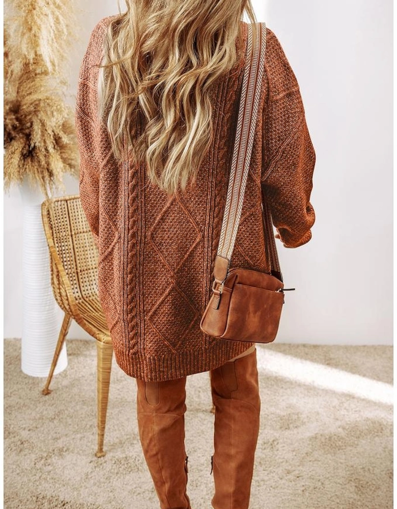 Coffee Cable Knit Drop Shoulder Loose Fit Sweater Dress