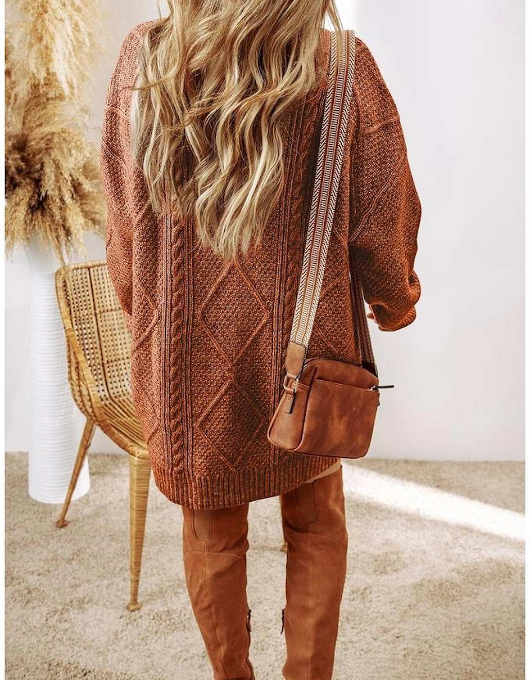 Coffee Cable Knit Drop Shoulder Loose Fit Sweater Dress