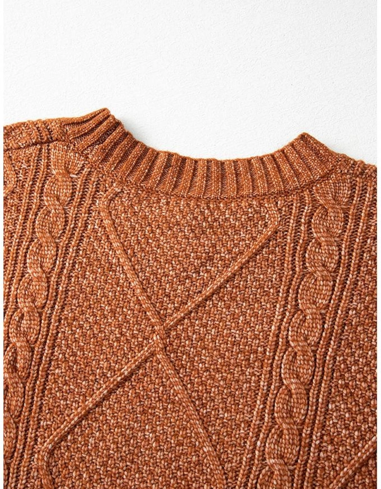 Coffee Cable Knit Drop Shoulder Loose Fit Sweater Dress