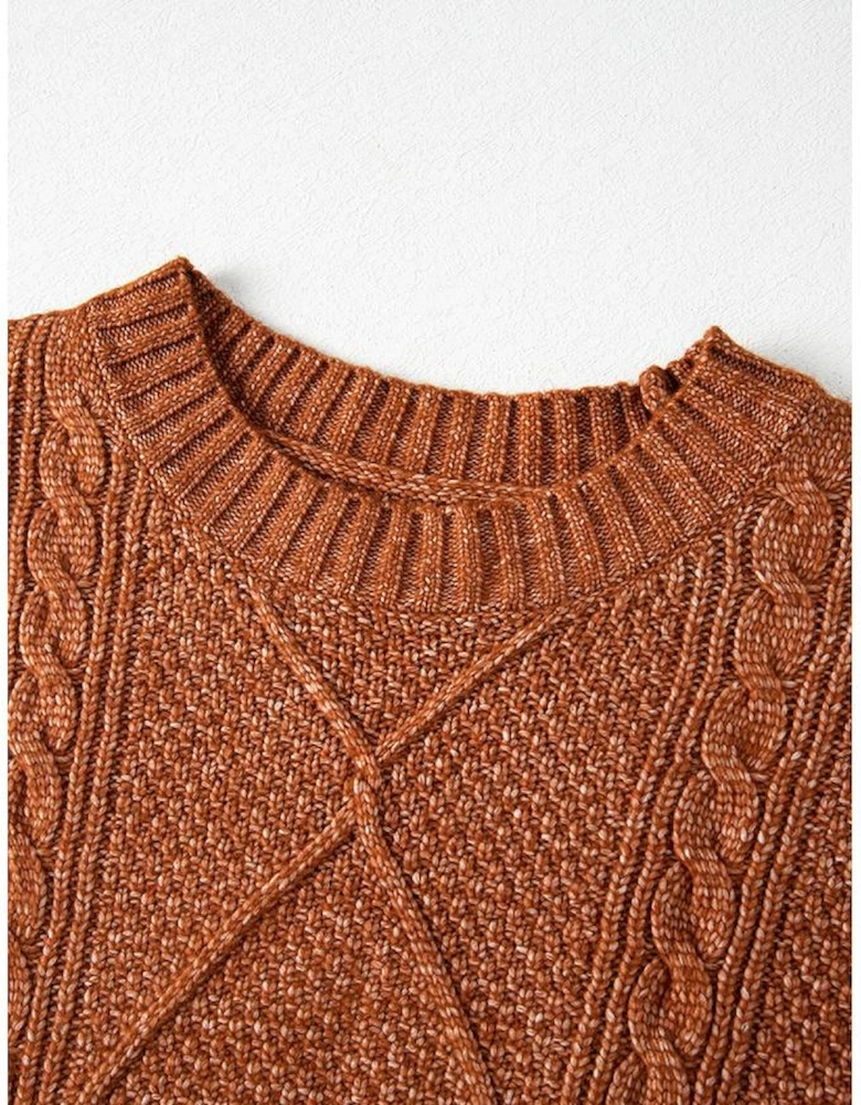 Coffee Cable Knit Drop Shoulder Loose Fit Sweater Dress