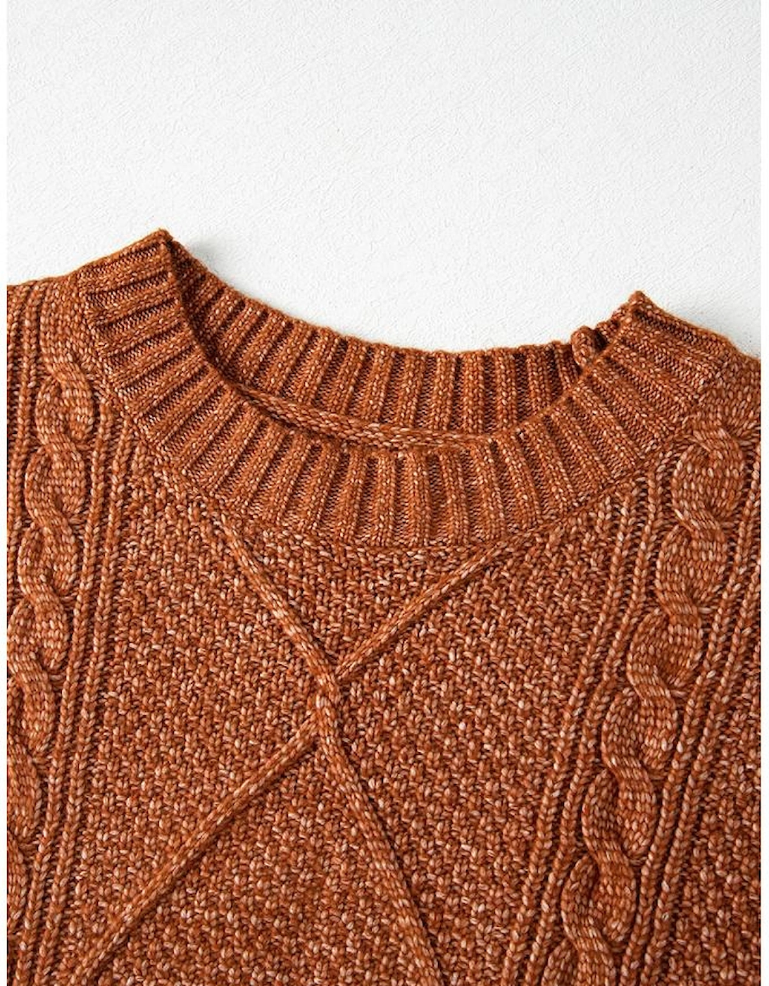 Coffee Cable Knit Drop Shoulder Loose Fit Sweater Dress