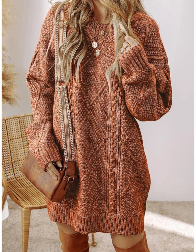 Coffee Cable Knit Drop Shoulder Loose Fit Sweater Dress