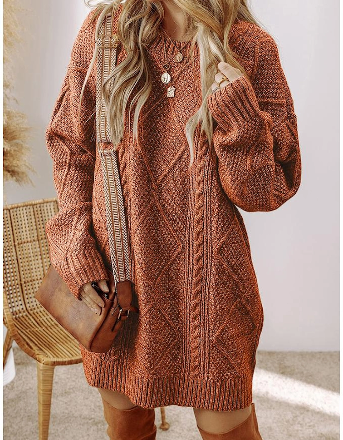 Coffee Cable Knit Drop Shoulder Loose Fit Sweater Dress