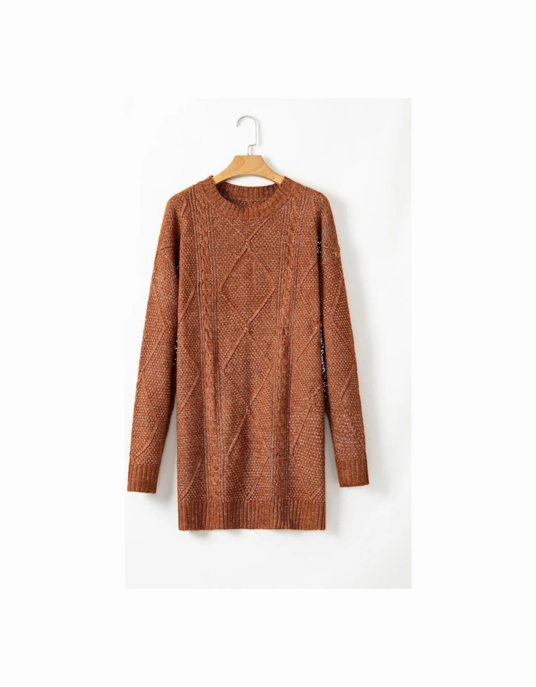 Coffee Cable Knit Drop Shoulder Loose Fit Sweater Dress
