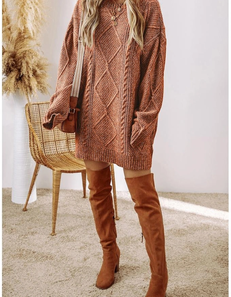 Coffee Cable Knit Drop Shoulder Loose Fit Sweater Dress